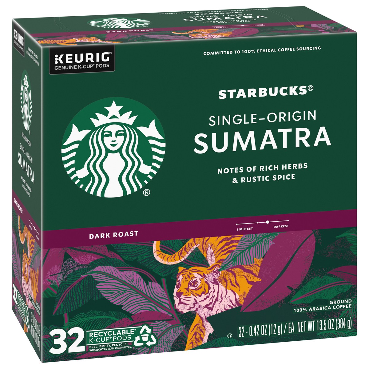 slide 7 of 9, Starbucks K-Cup Coffee Pods, Dark Roast Coffee, Sumatra, 100% Arabica, 1 box (32 pods), 32 ct