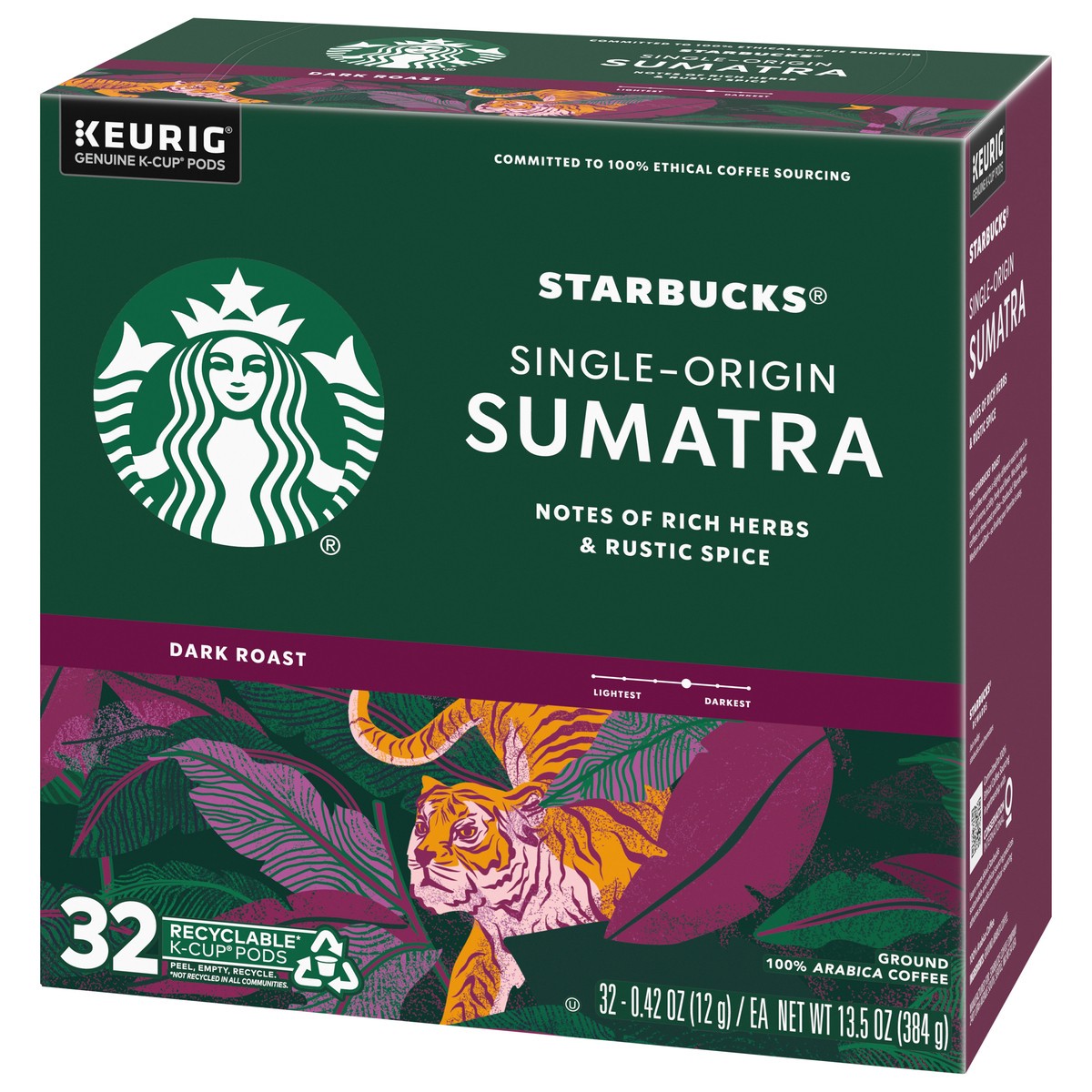 slide 6 of 9, Starbucks K-Cup Coffee Pods, Dark Roast Coffee, Sumatra, 100% Arabica, 1 box (32 pods), 32 ct