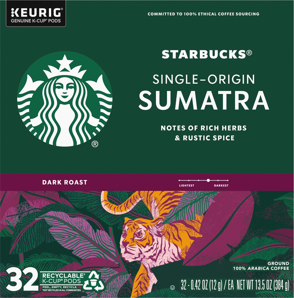 slide 5 of 9, Starbucks K-Cup Coffee Pods, Dark Roast Coffee, Sumatra, 100% Arabica, 1 box (32 pods), 32 ct