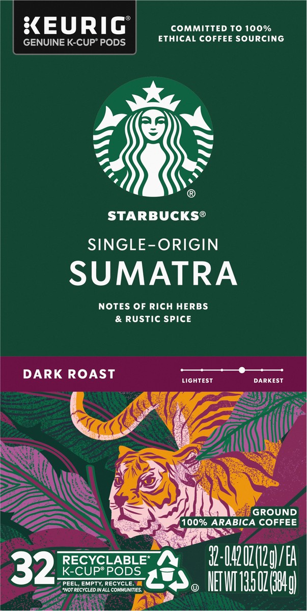 slide 2 of 9, Starbucks K-Cup Coffee Pods, Dark Roast Coffee, Sumatra, 100% Arabica, 1 box (32 pods), 32 ct