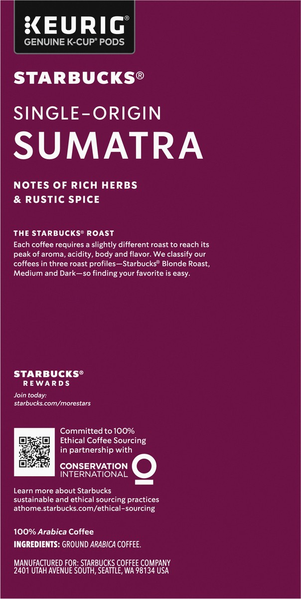 slide 4 of 9, Starbucks K-Cup Coffee Pods, Dark Roast Coffee, Sumatra, 100% Arabica, 1 box (32 pods), 32 ct