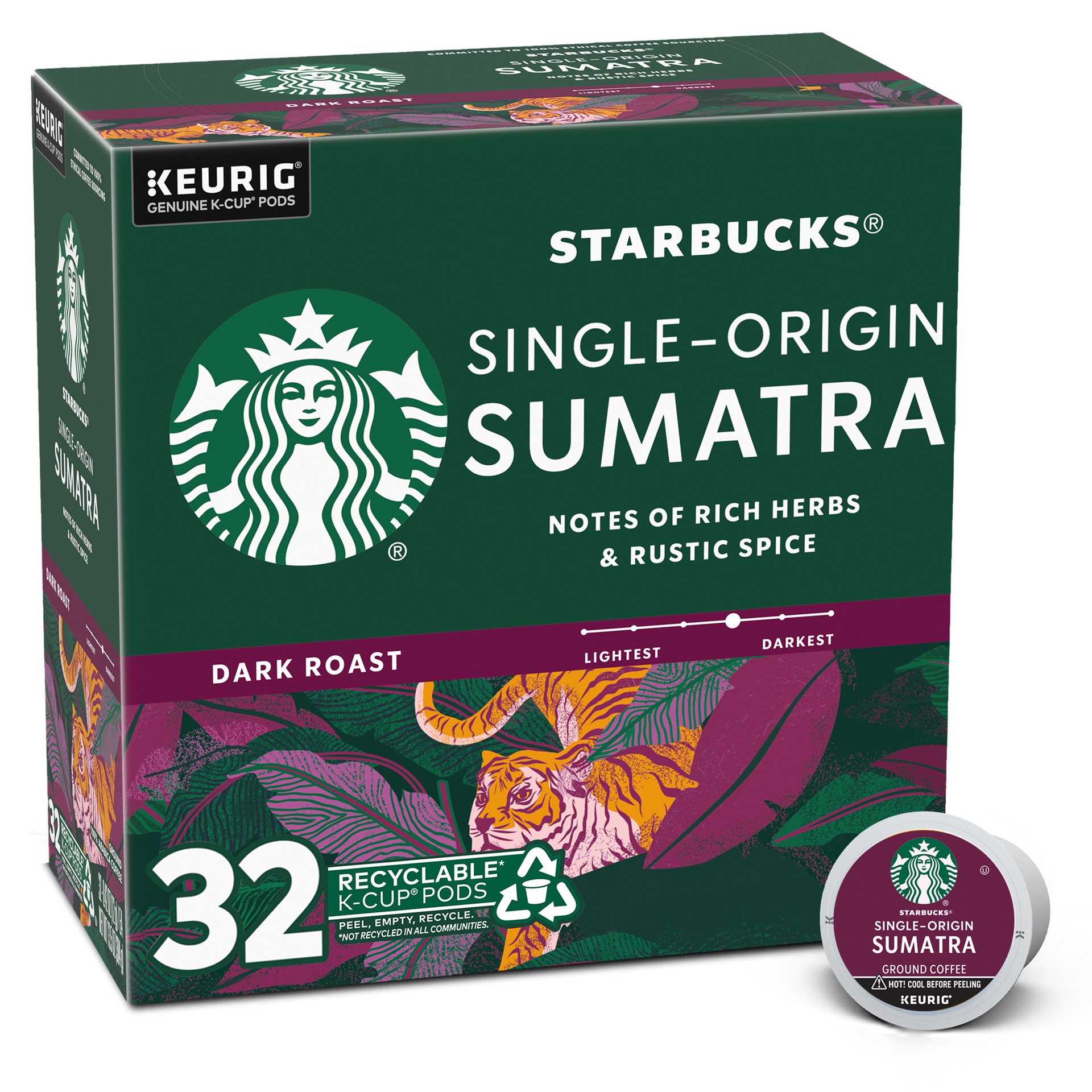 slide 1 of 9, Starbucks K-Cup Coffee Pods, Dark Roast Coffee, Sumatra, 100% Arabica, 1 box (32 pods), 32 ct