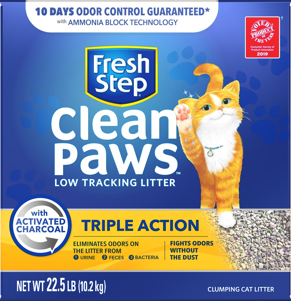 slide 5 of 7, Fresh Step Clean Paws Triple Action Low Tracking Clumping Cat Litter, 22.5 lb