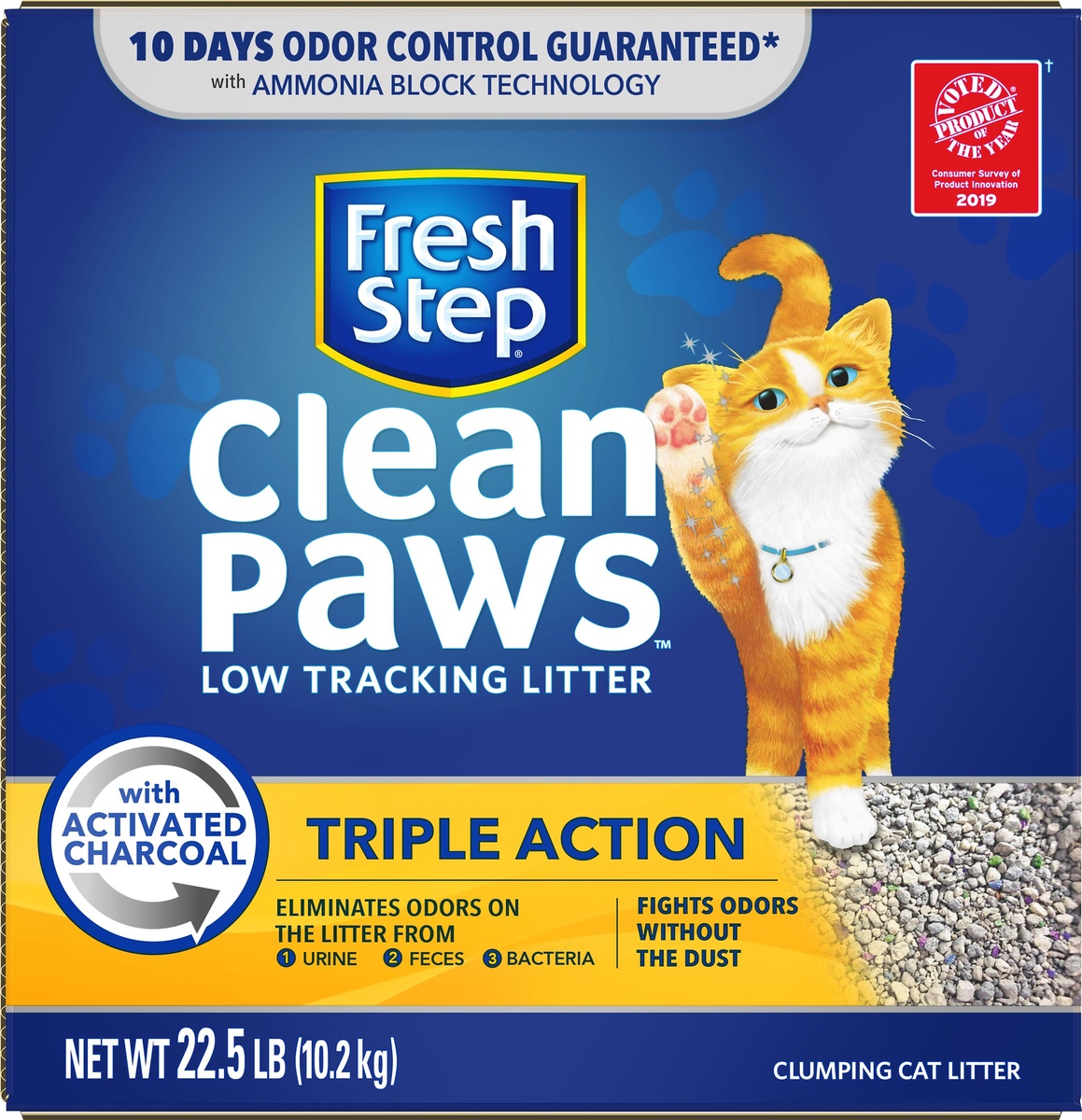 slide 6 of 7, Fresh Step Clean Paws Triple Action Low Tracking Clumping Cat Litter, 22.5 lb