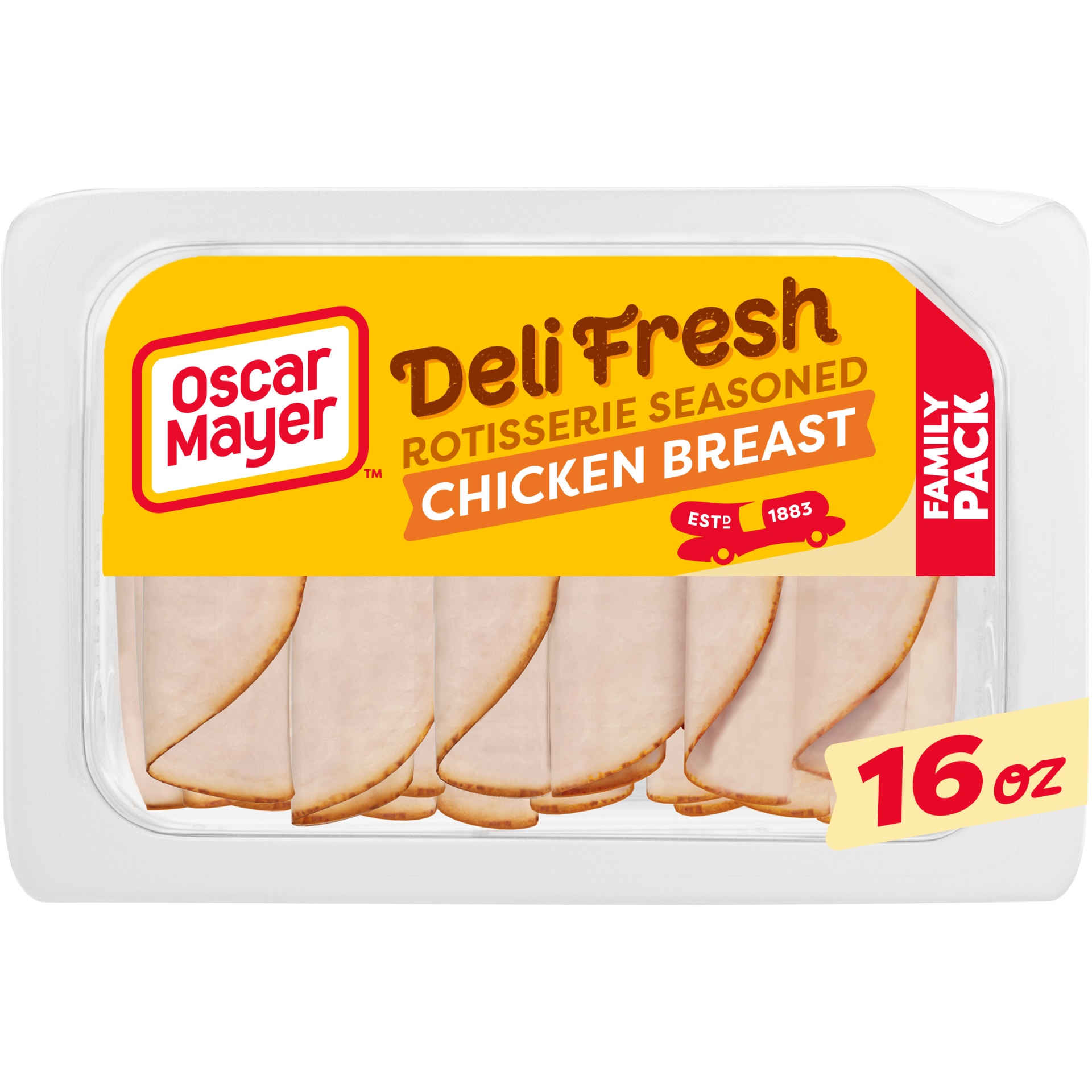 slide 1 of 2, Oscar Mayer Deli Fresh Rotisserie Seasoned Chicken Breast Sliced Lunch Meat Family Size Tray, 16 oz