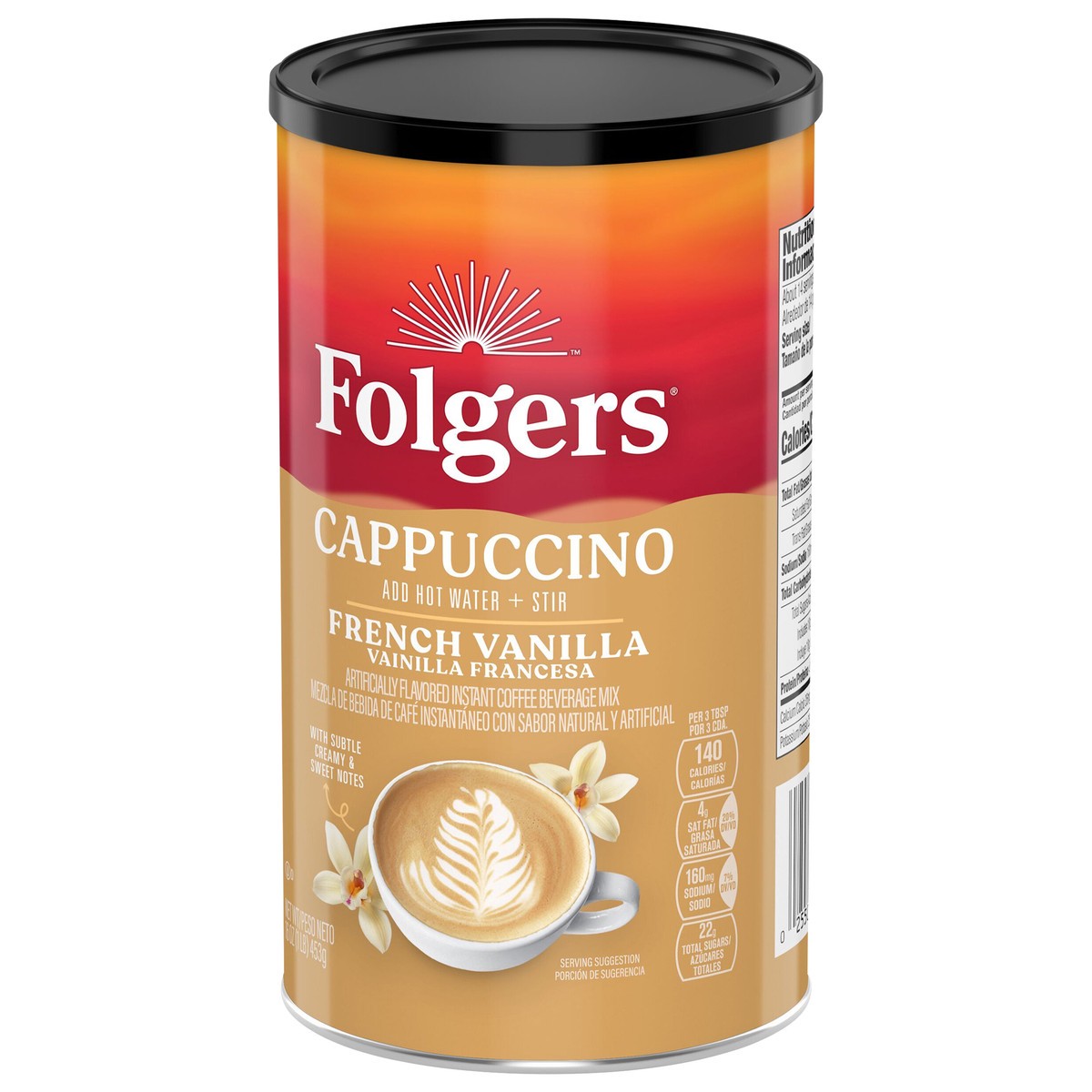 slide 2 of 8, Folgers French Vanilla Flavored Cappuccino Packets, Instant Coffee Beverage Mix- 16 oz, 16 oz