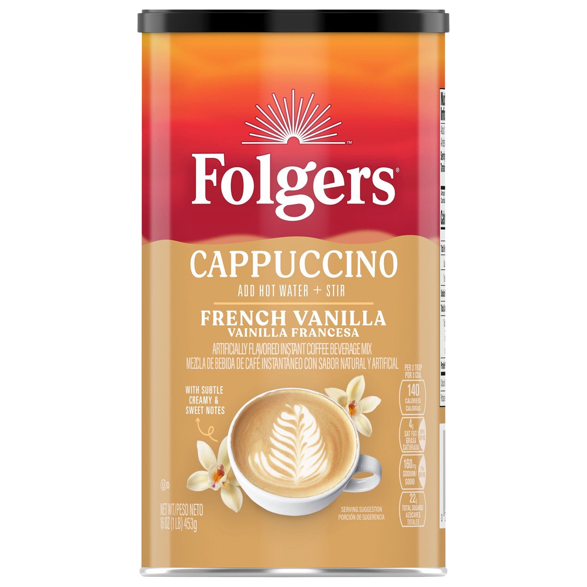 slide 1 of 8, Folgers French Vanilla Flavored Cappuccino Packets, Instant Coffee Beverage Mix- 16 oz, 16 oz