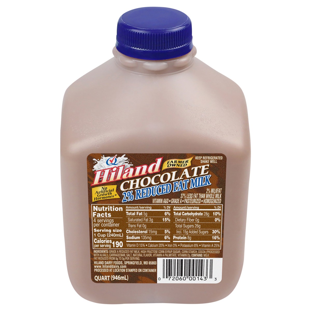 slide 1 of 4, Hiland Dairy 2% Reduced Fat Chocolate Milk, One Quart, 32 Fl Oz, 1 qt