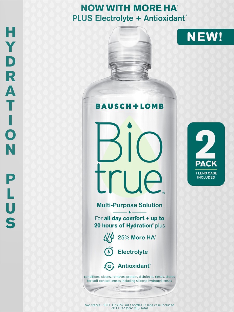 slide 2 of 7, Biotrue 10oz Biotrue Hydration Plus Twin Pk MPS + LC, 2 ct