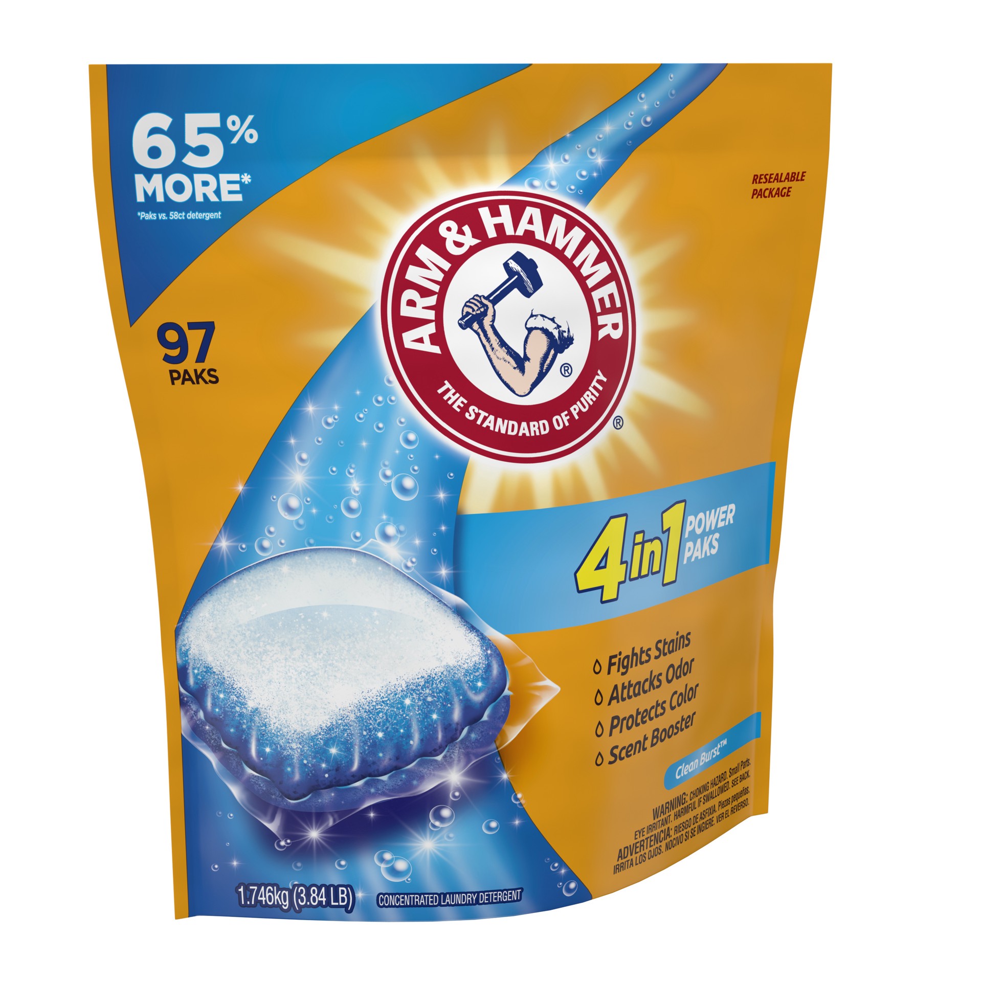 slide 3 of 5, Arm & Hammer 4-in-1 Laundry Detergent Power Paks, 97 Count (Packaging may vary), 97 ct