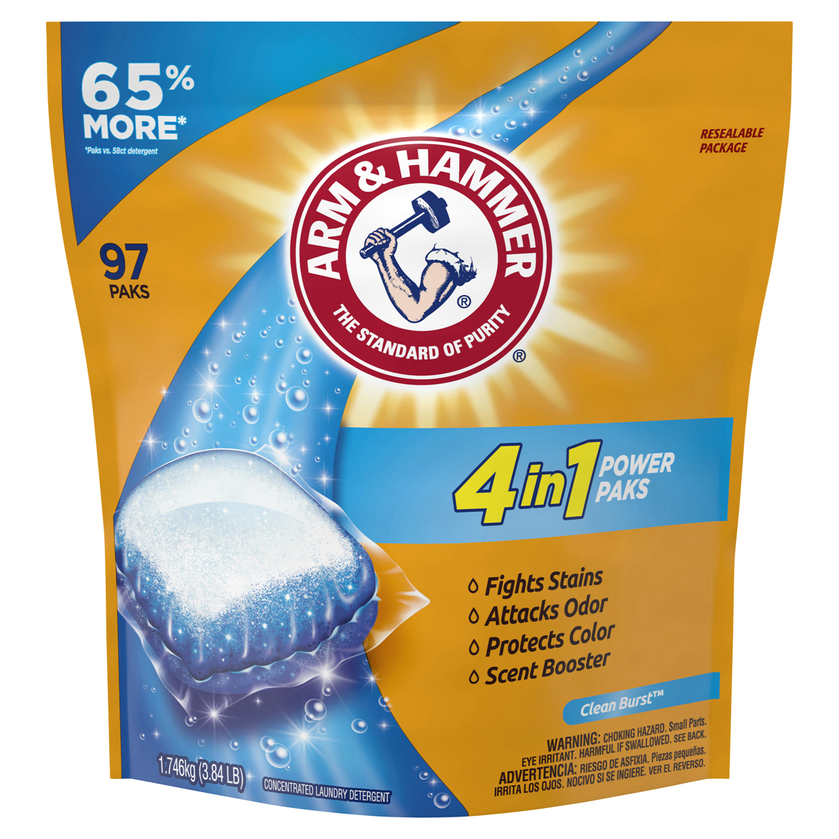 slide 1 of 1, ARM & HAMMER OxiClean Plus Stain Fighters CleanBurst 2-in-1 Power Paks, 97 ct