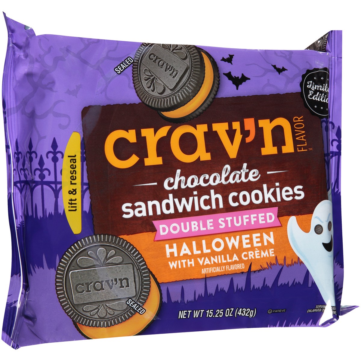 slide 10 of 12, Crav'n Flavor Halloween With Vanilla Creme Double Stuffed Chocolate Sandwich Cookies, 15.25 oz