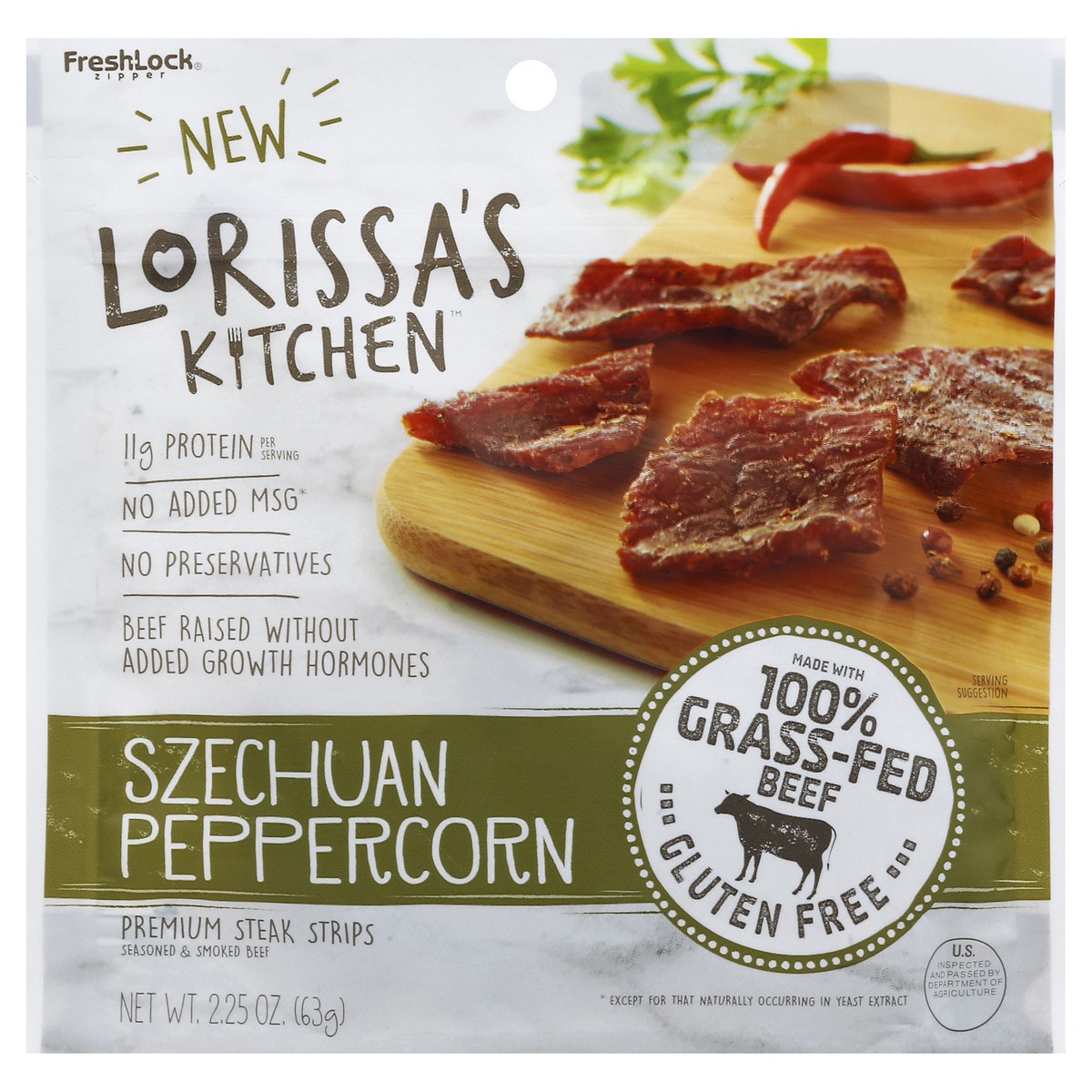 slide 2 of 4, Lorissa's Kitchen 2.25Oz Lk Szechuan Peppercorn Premium Beef Steak Strips Seasoned & Smoked 1/1, 2.25 oz