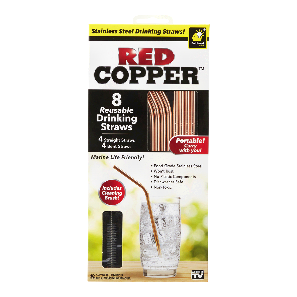 slide 1 of 4, Red Copper Stainless Steel Reusable Drinking Straw and Brush Set - Copper, 8 ct