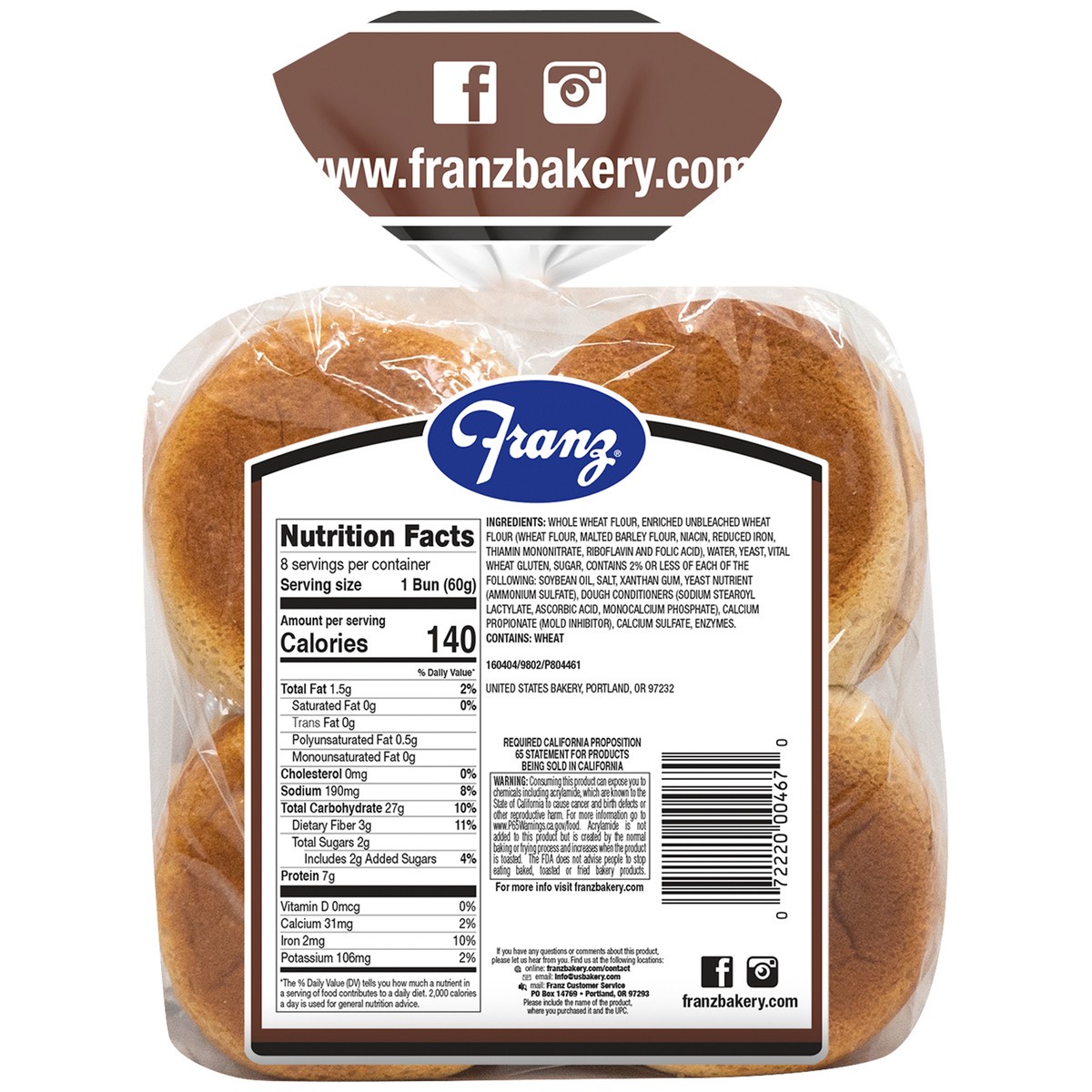 slide 4 of 10, Franz Wheat Cluster 8's Whole Grain Hamburger Buns 17oz, 