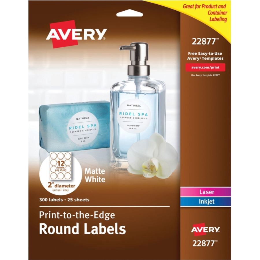 slide 2 of 2, Avery Print-To-The-Edge Easy Peel Round Labels, 2'', Matte White, Pack Of 300 Labels, 300 ct