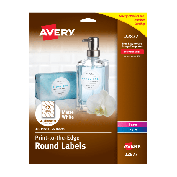 slide 1 of 2, Avery Print-To-The-Edge Easy Peel Round Labels, 2'', Matte White, Pack Of 300 Labels, 300 ct