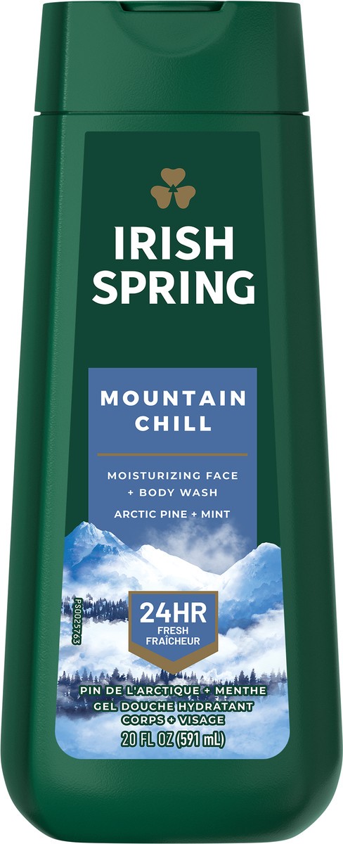 slide 7 of 8, Irish Spring Mountain Chill Moisturizing Body Wash for Men, 24-Hour Fresh, Face and Body Wash, Men’s Body Wash, Biodegradable Ingredients, Paraben Free, Cool Fresh Scent, 20 fl Oz. Bottle, 20 fl oz