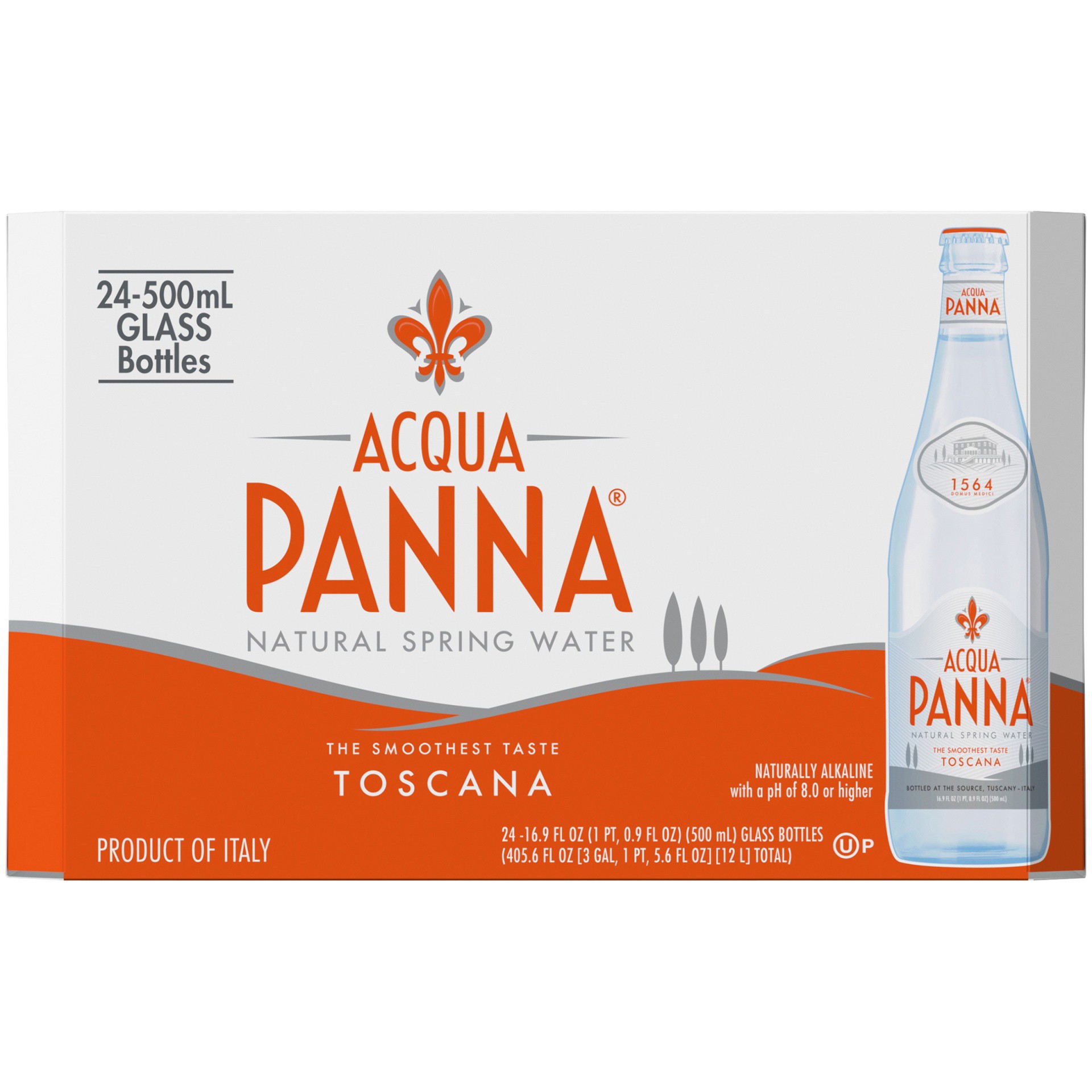 slide 5 of 5, Acqua Panna Natural Spring Water, 16.9 fl oz glass water bottles (24 pack), 405.6 oz
