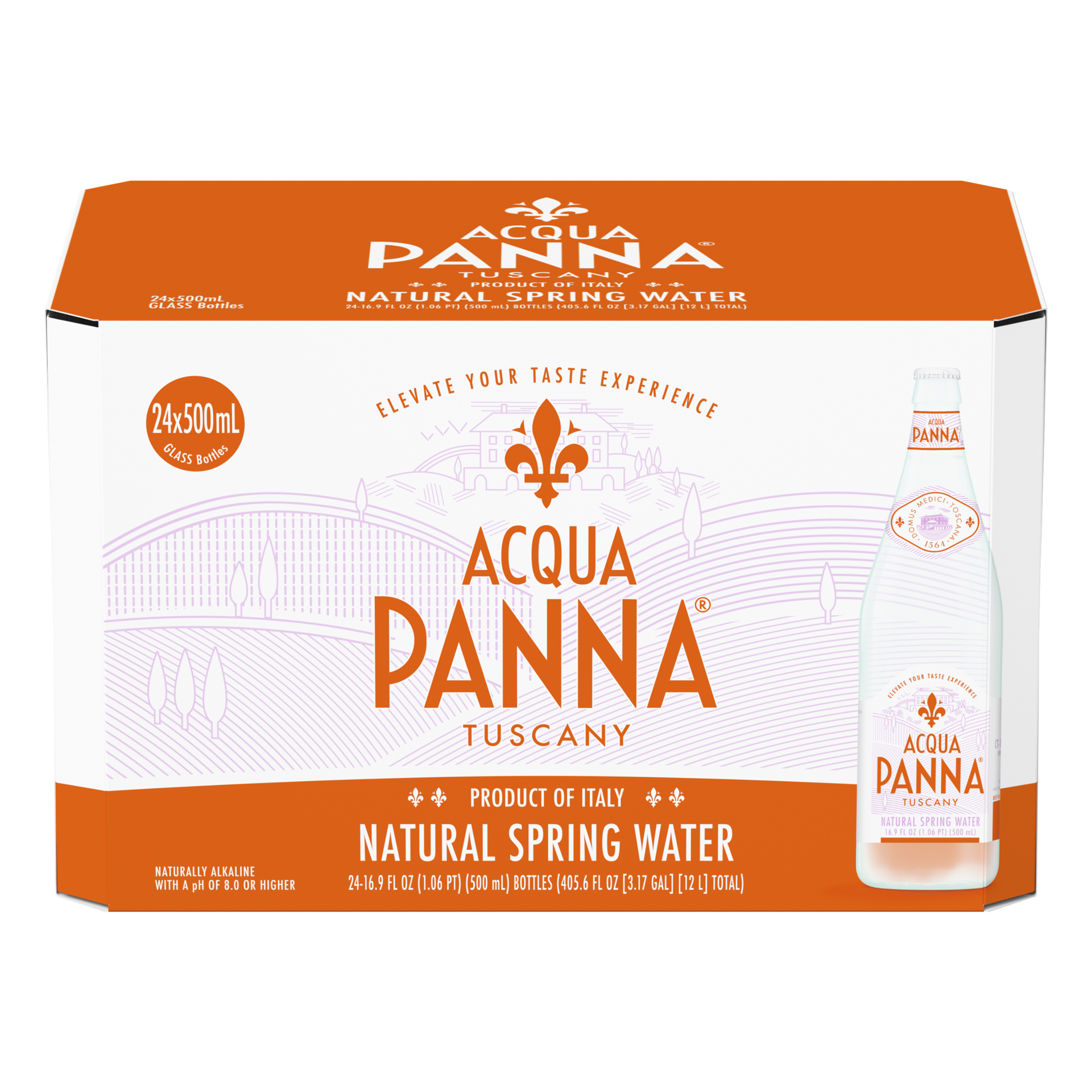 slide 1 of 5, Acqua Panna Natural Spring Water, 16.9 fl oz glass water bottles (24 pack), 405.6 oz