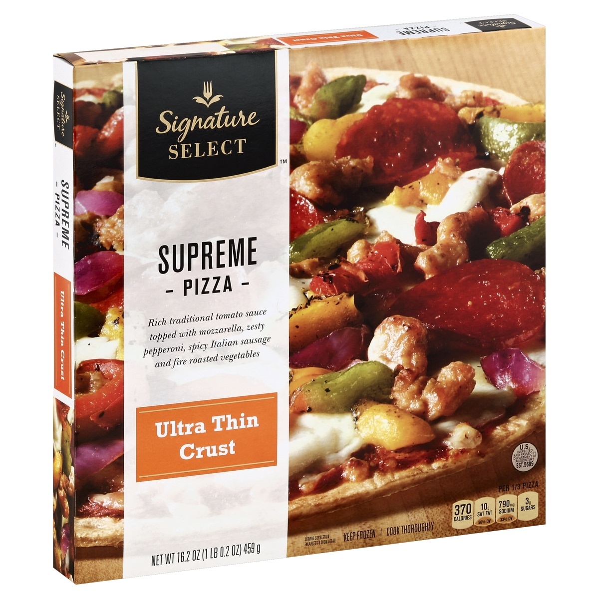 slide 1 of 7, Signature SELECT Pizza Ultra Thin Crust Supreme Frozen - 16.2 Oz, 