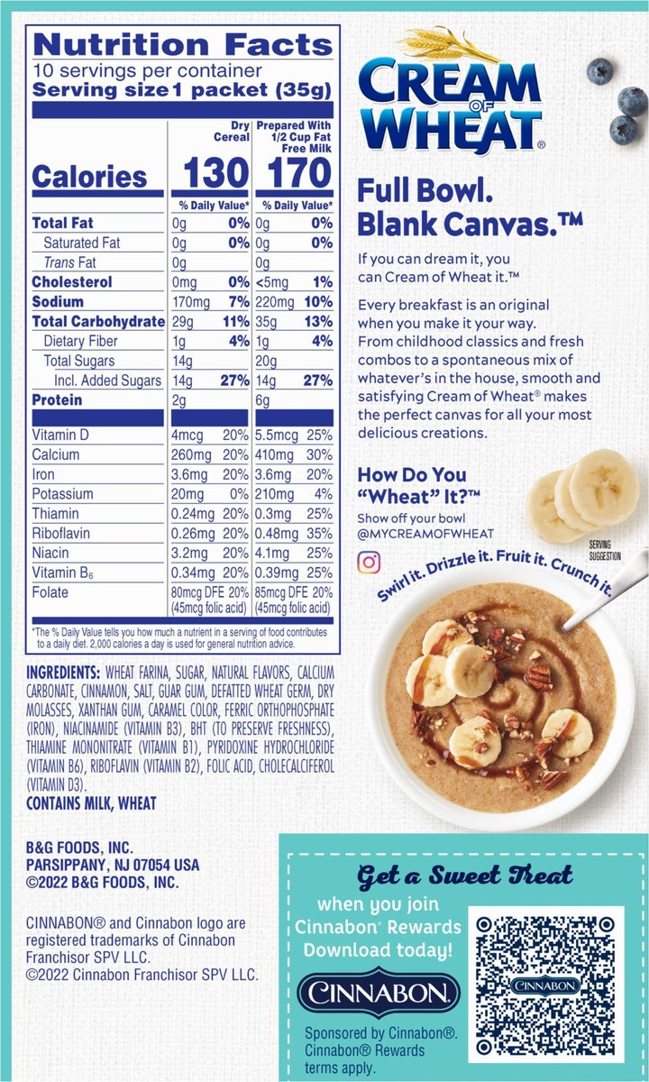 slide 3 of 12, Cream of Wheat Instant Cinnabon Cinnamon Sugar Hot Cereal 10 - 1.23 oz Packets, 10 ct; 1.23 oz