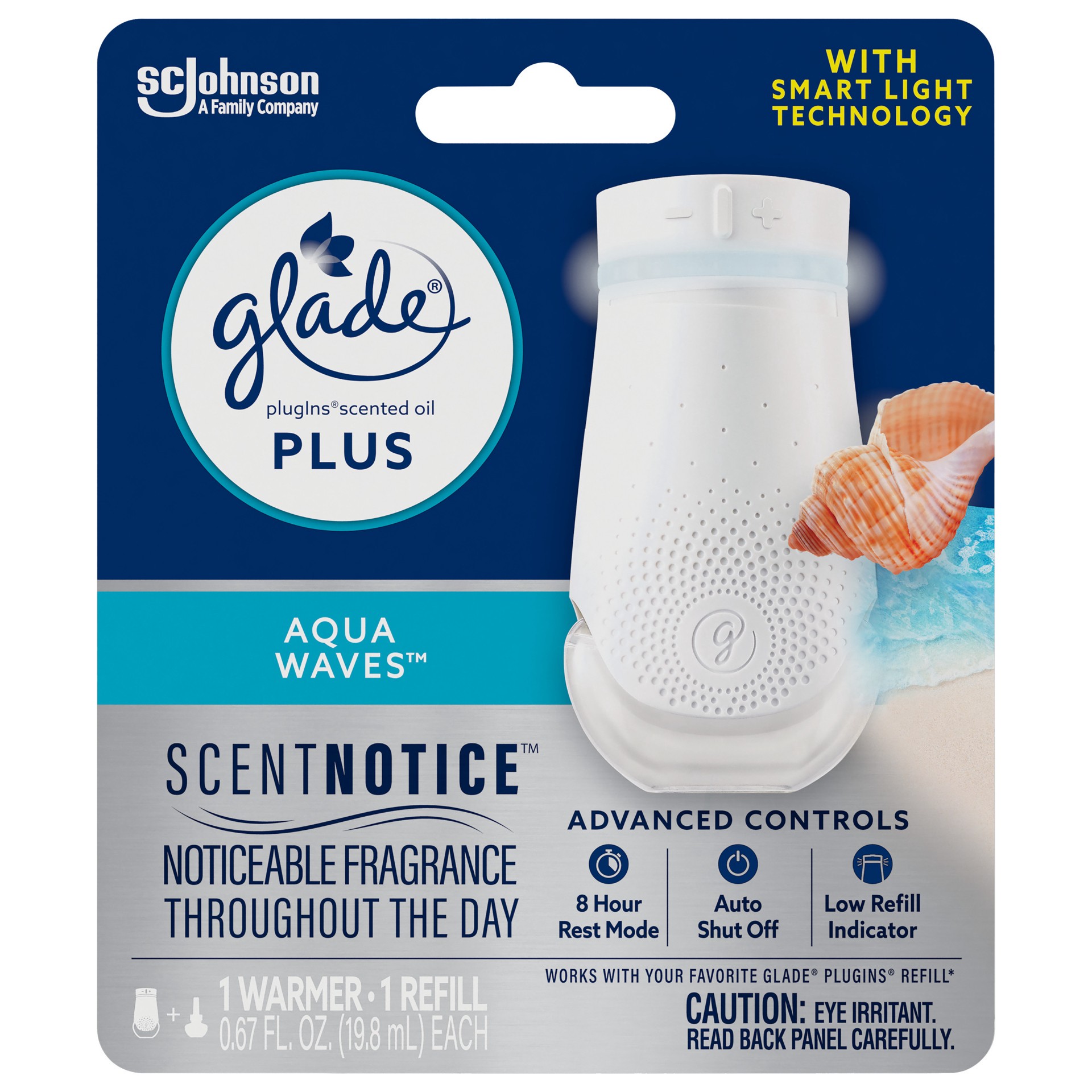 slide 1 of 29, Glade PlugIns Scented Oil PLUS, Air Freshener Oil Warmer and Refill, Aqua Waves™, with ScentNotice Technology, 0.67 fl oz