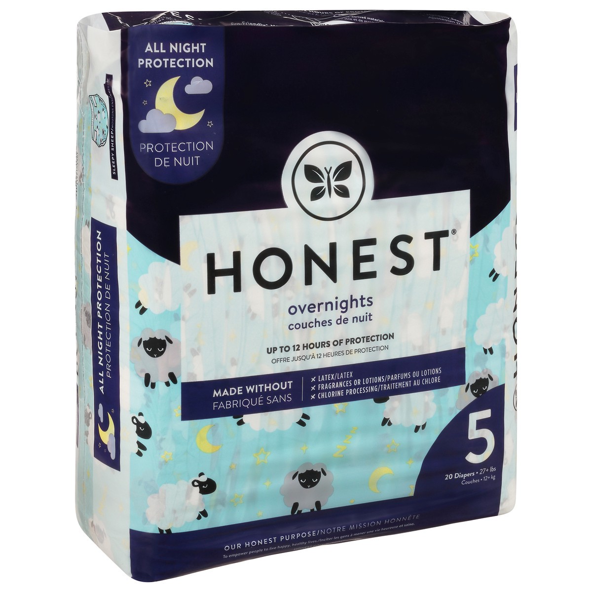 slide 2 of 9, Honest Overnights Sleepy Sheep Size 5 (27+ lbs) Diapers 20 ea, 22 ct