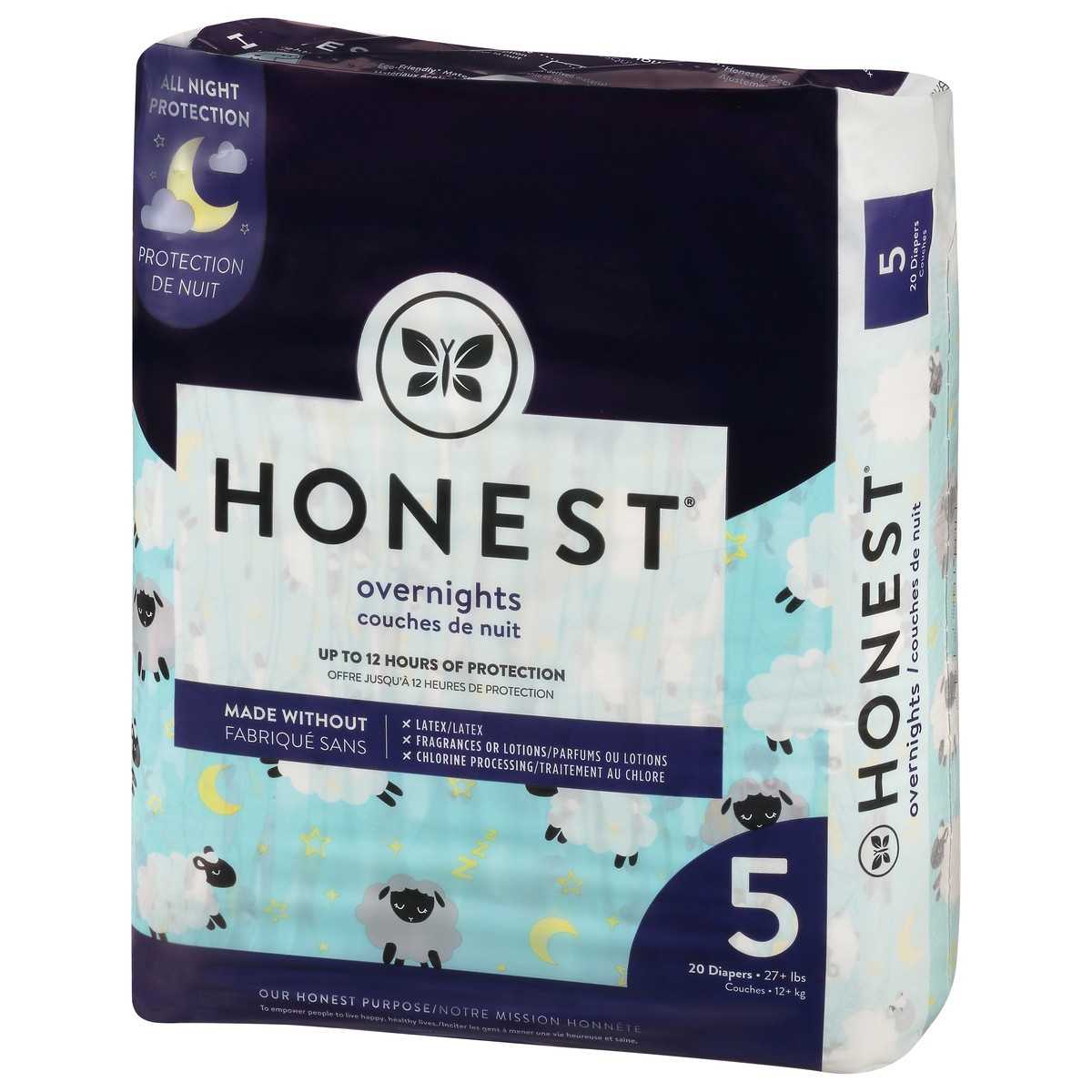 slide 3 of 9, Honest Overnights Sleepy Sheep Size 5 (27+ lbs) Diapers 20 ea, 22 ct