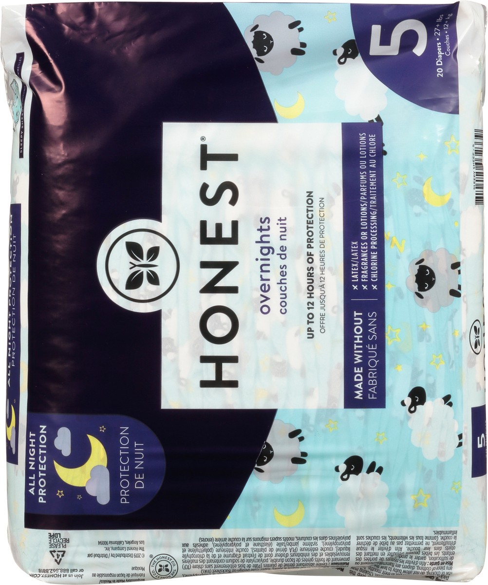 slide 5 of 9, Honest Overnights Sleepy Sheep Size 5 (27+ lbs) Diapers 20 ea, 22 ct