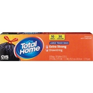 slide 1 of 1, Total Home By CVS 30 Gallon Drawstring Trash Bags, 10 ct