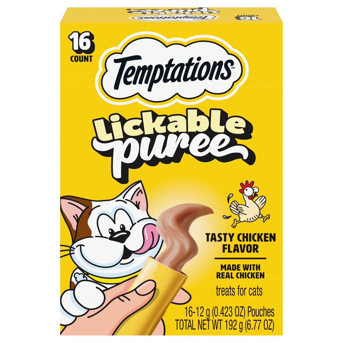 slide 1 of 9, Temptations Lickable Puree Tasty Chicken Flavor Treats for Cats 16 - 0.423 oz Pouches, 16 ct
