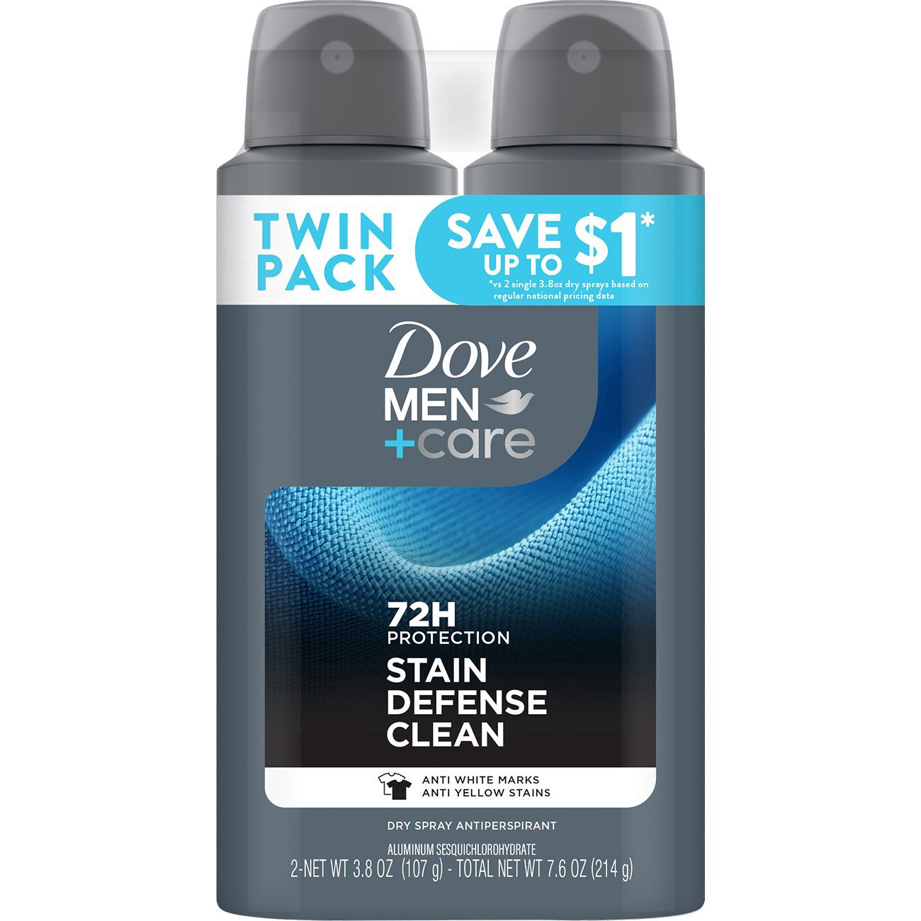 slide 1 of 1, Dove Men+Care 72 Hr Antiperspirant Dry Spray - Stain Defense Clean, 7.6 oz, 2 ct