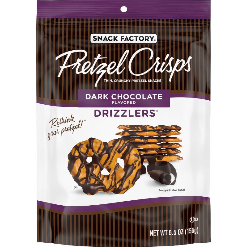 slide 1 of 5, Snack Factory Dark Chocolate Drizzled Pretzel Crisps, 5.500 oz