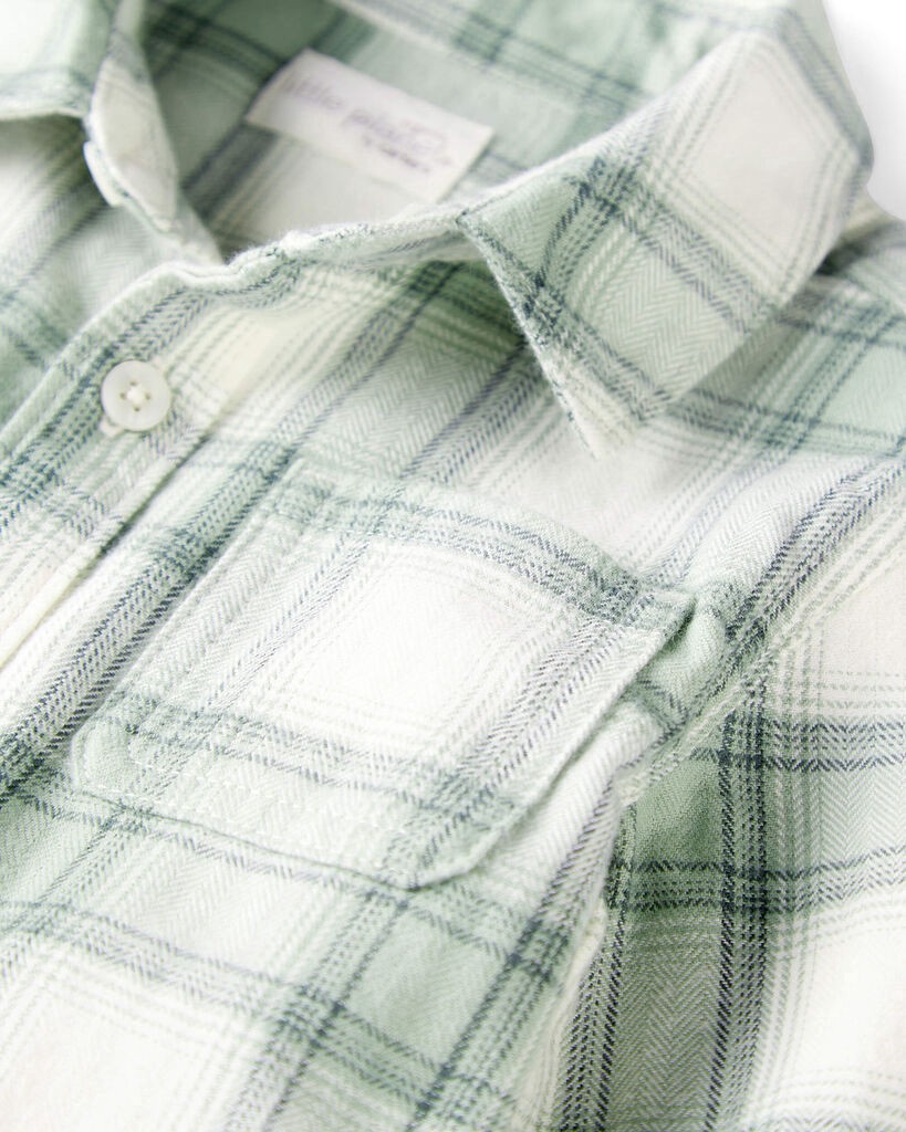 slide 3 of 3, Littleplanet Toddler Organic Cotton Herringbone Button-Front Shirt in Plaid Green, Ivory 5T, 1 ct