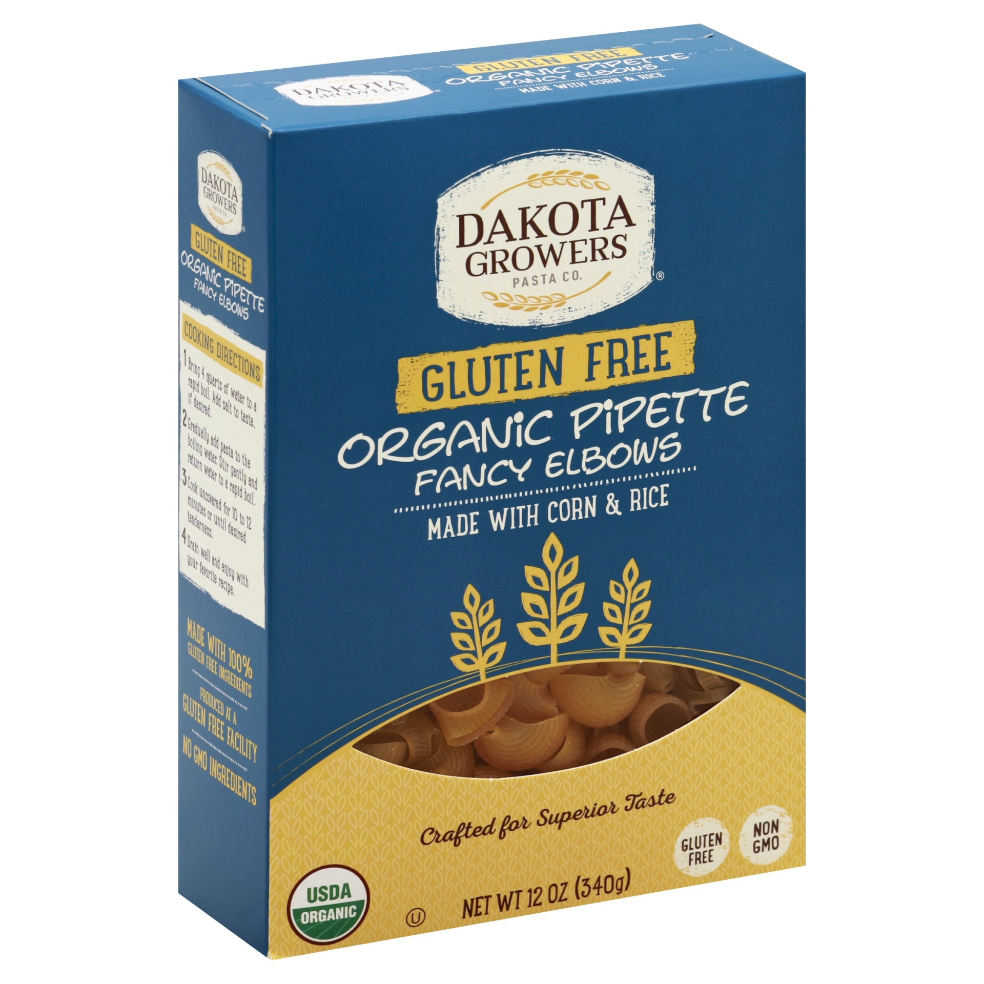 slide 1 of 8, Dakota Growers Pasta Co. Gluten Free Organic Pipette Fancy Elbows 16 oz. Box, 12 oz