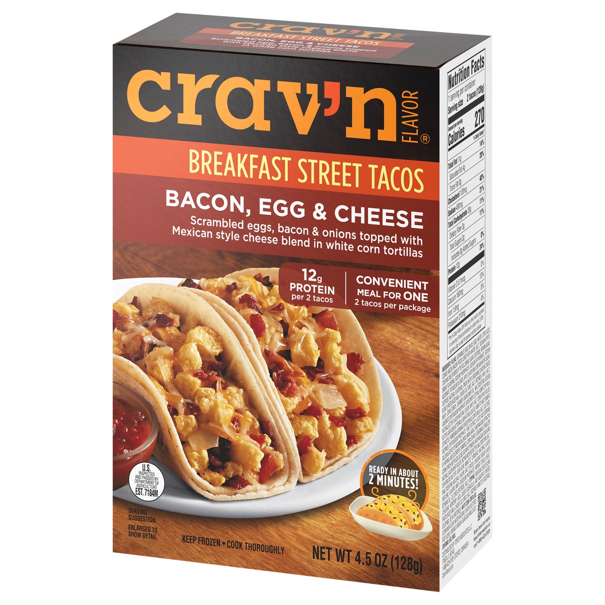 slide 3 of 4, Crav'n Flavor Bacon, Egg & Cheese Breakfast Street Tacos 2 ea, 4.5 oz