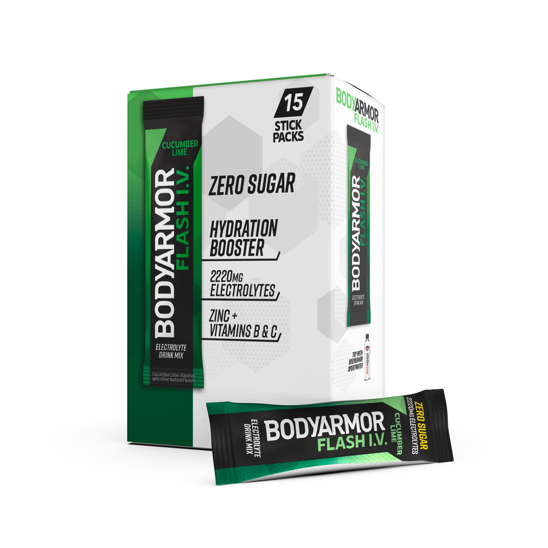 slide 1 of 1, BODYARMOR Flash I.V. Cucumber Lime Electrolyte Powder Sticks, 0.25 dry oz Pouches, 15 Pack, 3.75 oz