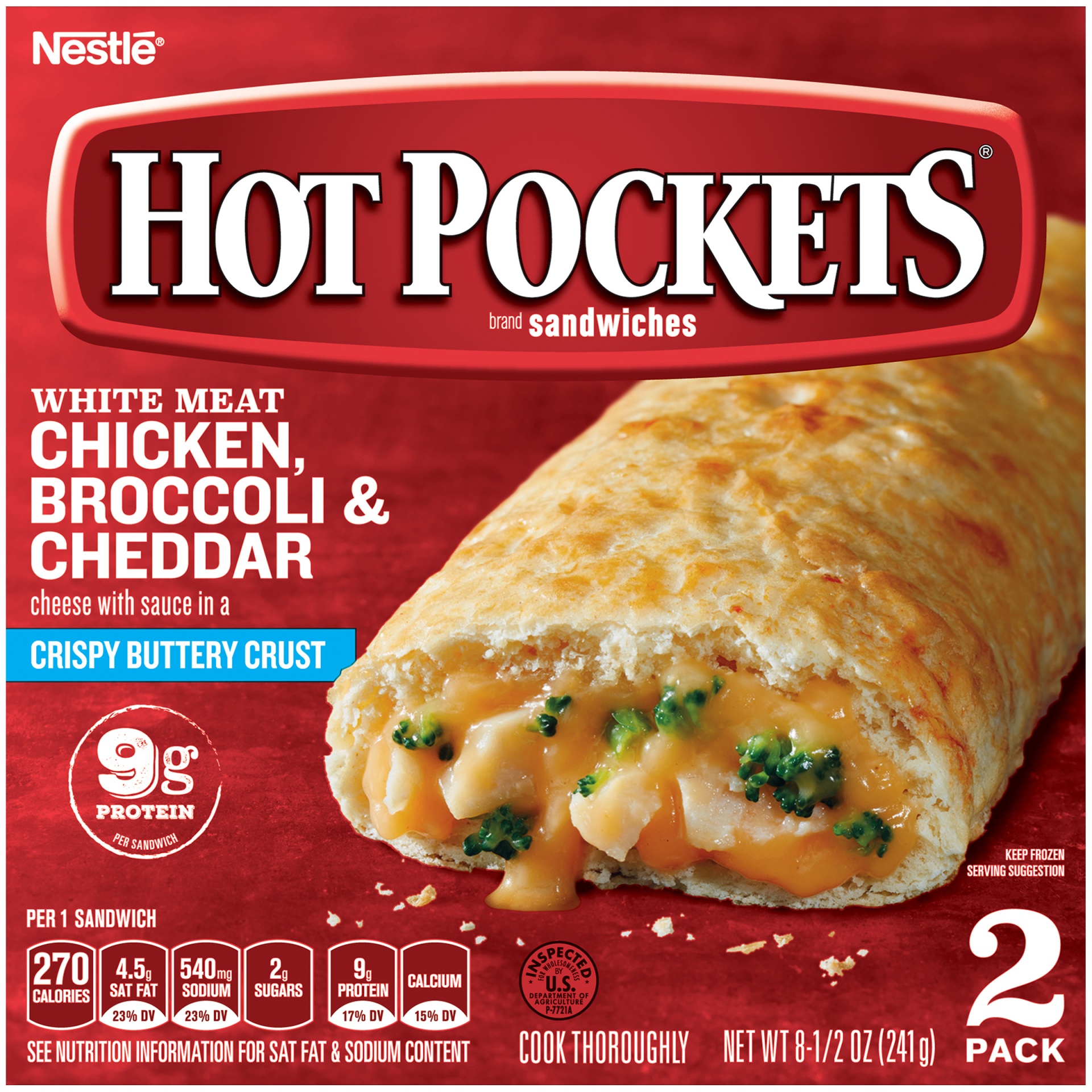 slide 1 of 1, Hot Pockets Chicken, Broccoli & Cheddar Crispy Buttery Crust Frozen Snacks, 2 ct; 4.5 oz