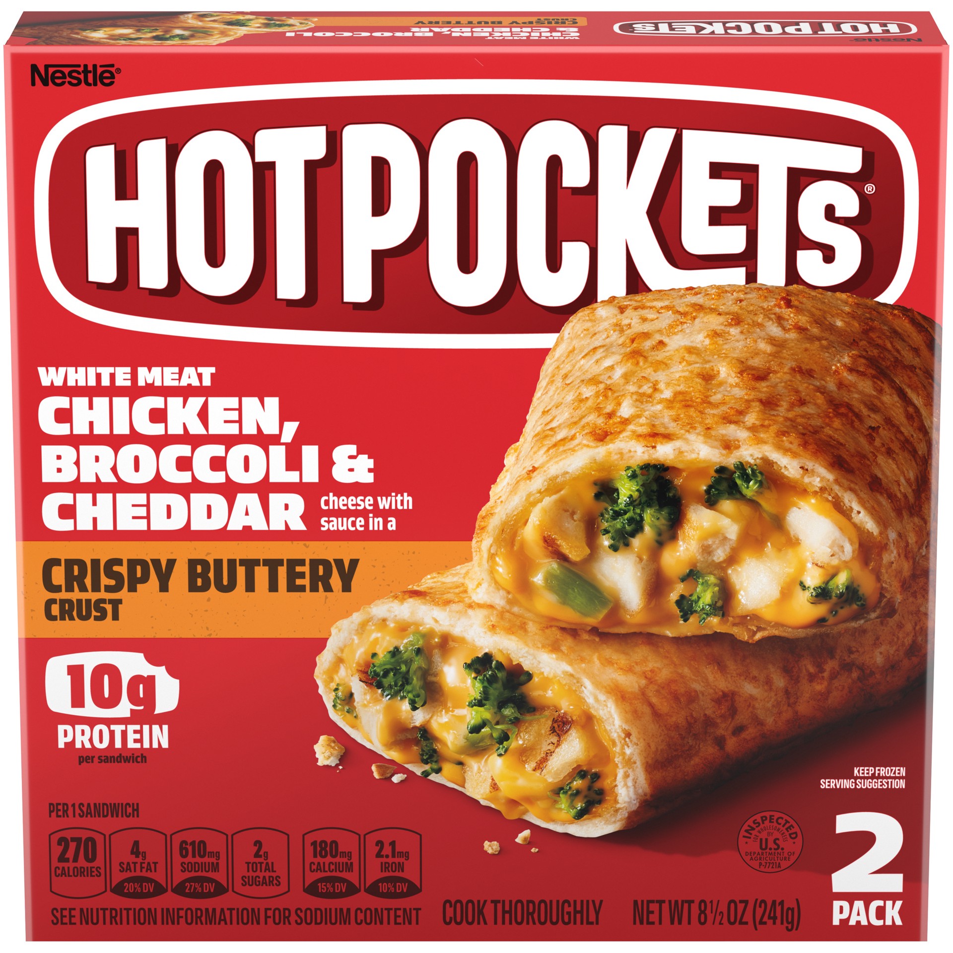slide 1 of 8, Hot Pockets Frozen Snacks Chicken, Broccoli & Cheddar Crispy Buttery Crust Frozen Sandwiches, 8.5 oz