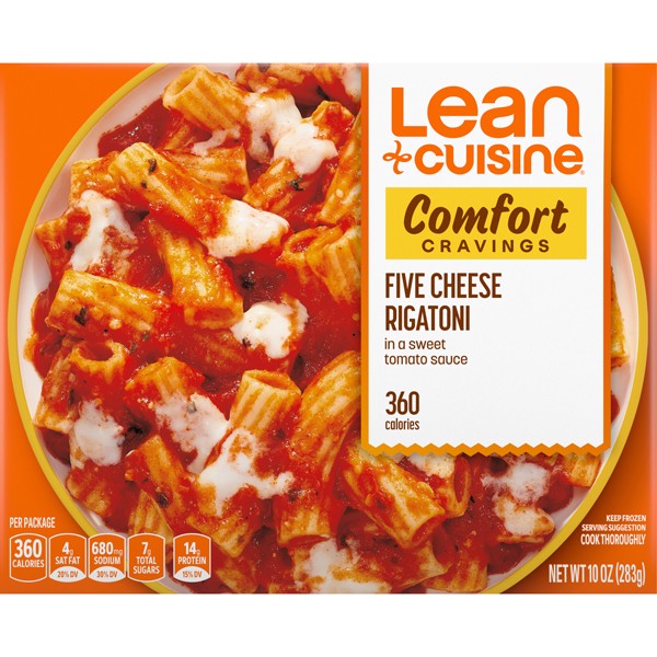 slide 1 of 9, Lean Cuisine Frozen Meal Five Cheese Rigatoni, Comfort Cravings Microwave Meal, Meatless Pasta Dinner with Cheese and Marinara Sauce, Frozen Dinner for One, 10 oz