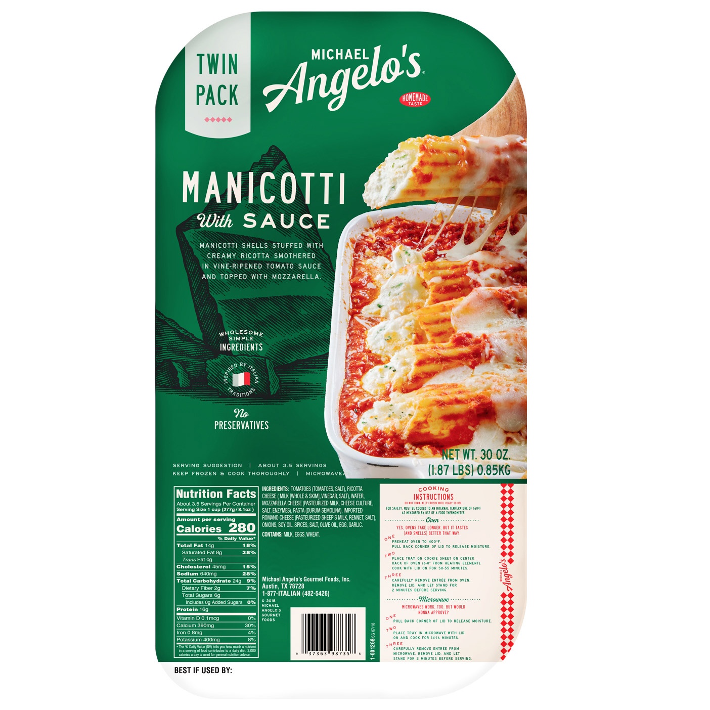 slide 1 of 1, Michael Angelo's Manicotti With Sauce, 2 ct; 30 oz