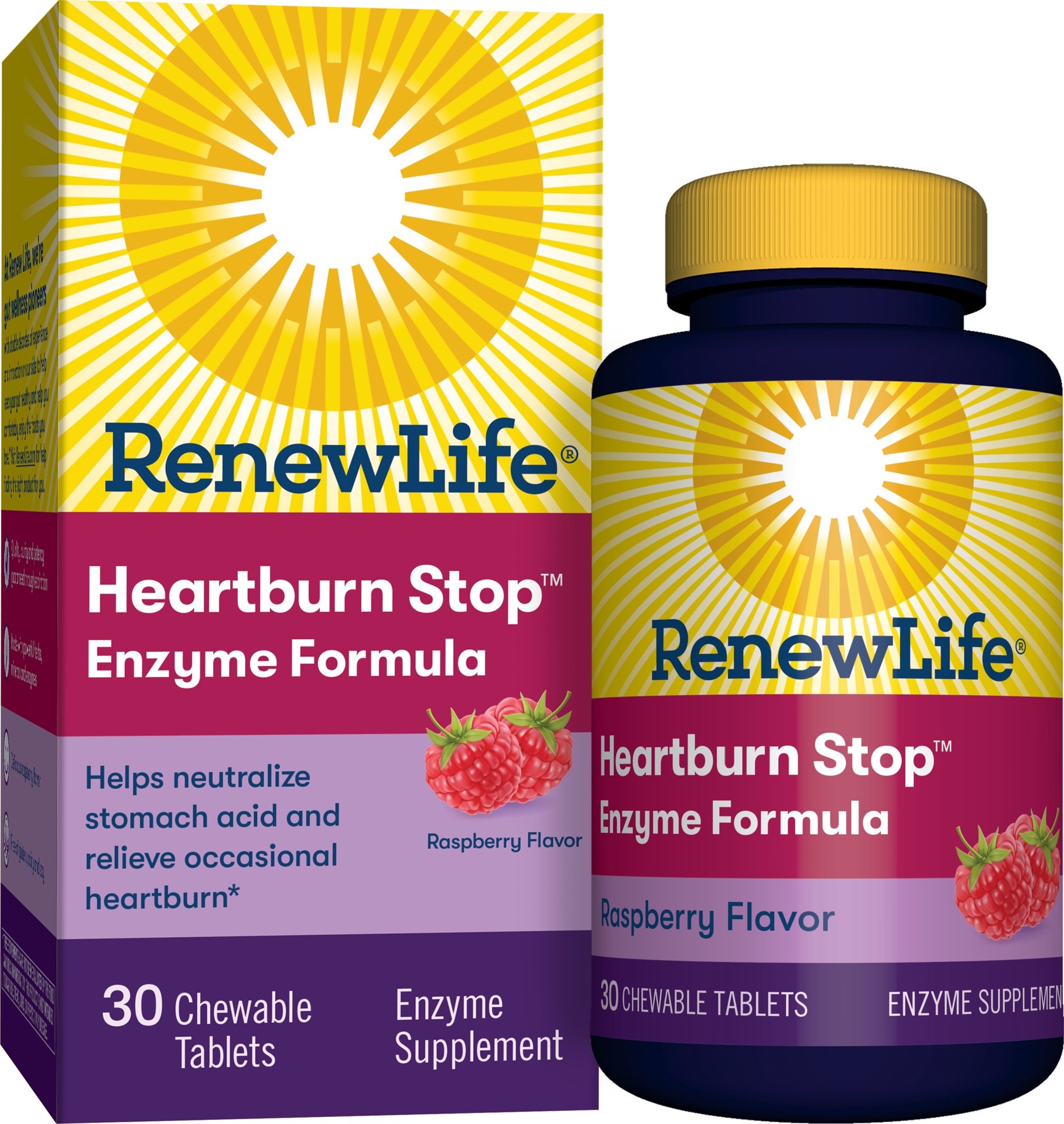 slide 1 of 1, Renew Life Adult Plant-Based Enzyme Supplement - Heartburn Stop™ Enzyme Formula, Raspberry Flavor - 30 Chewable Tablets (Packaging May Vary), 30 ct