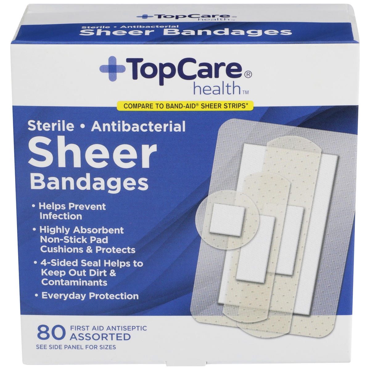 slide 1 of 1, TopCare Antibacterial First Aid Antiseptic Assorted Bandages, Sheer, 80 ct