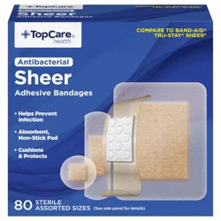 TopCare Antibacterial First Aid Antiseptic Assorted Bandages, Sheer, 80 ct