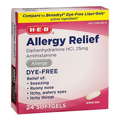 slide 1 of 1, H-E-B Allergy Diphenhydramine 25 mg Dye Free Softgels, 24 ct