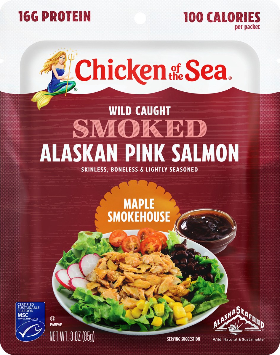 slide 3 of 7, Chicken of the Sea Wild Caught Smoked Alaskan Pink Salmon Packet, Maple Smokehouse Flavor 3 oz, 3 oz