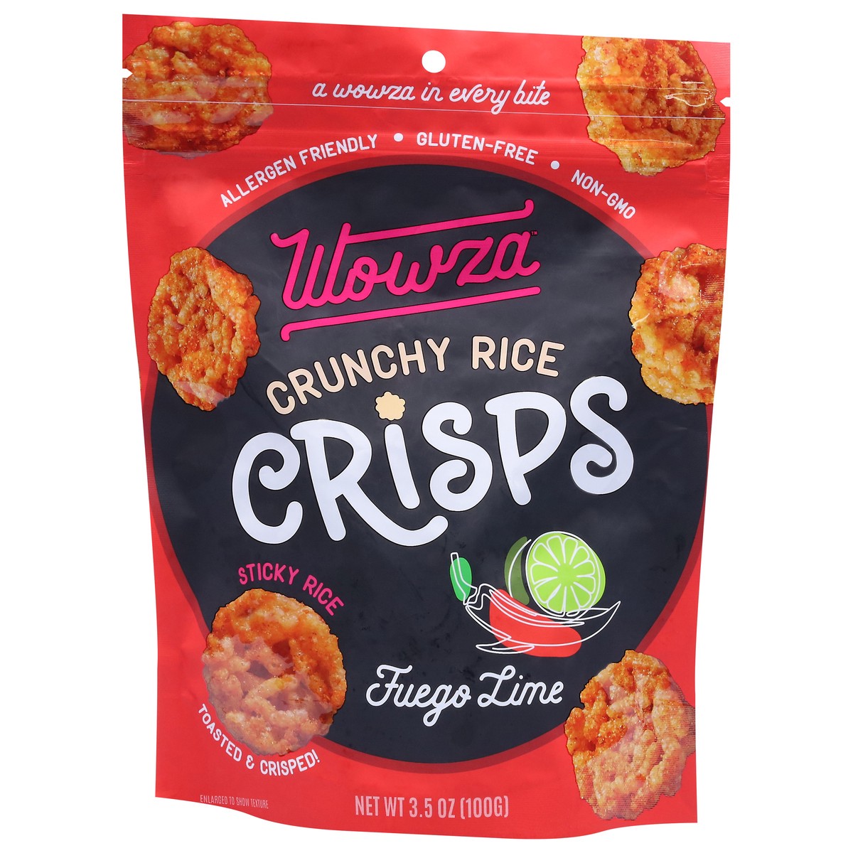 slide 9 of 13, Wowza Crunchy Rice Fuego Lime Crisps 3.5 oz, 3.5 oz