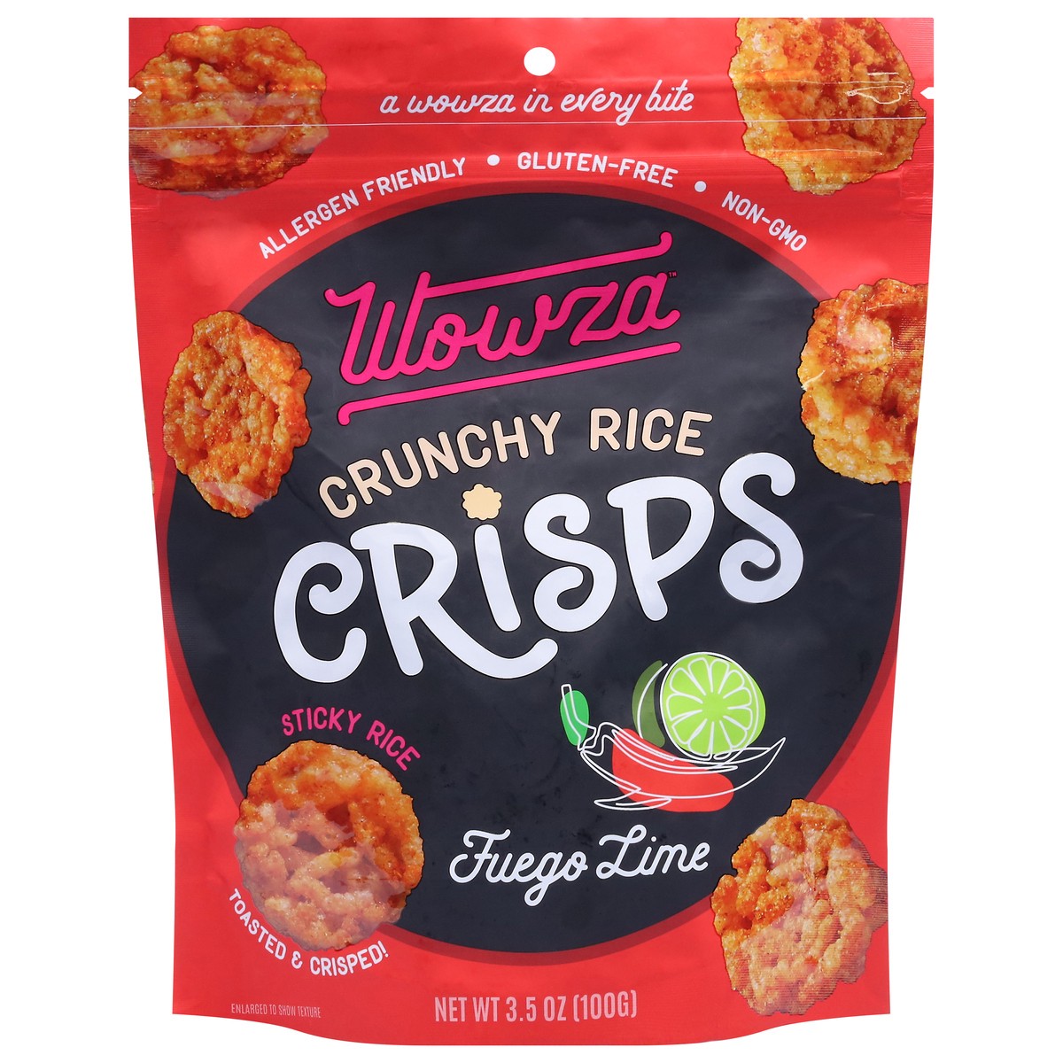 slide 11 of 13, Wowza Crunchy Rice Fuego Lime Crisps 3.5 oz, 3.5 oz