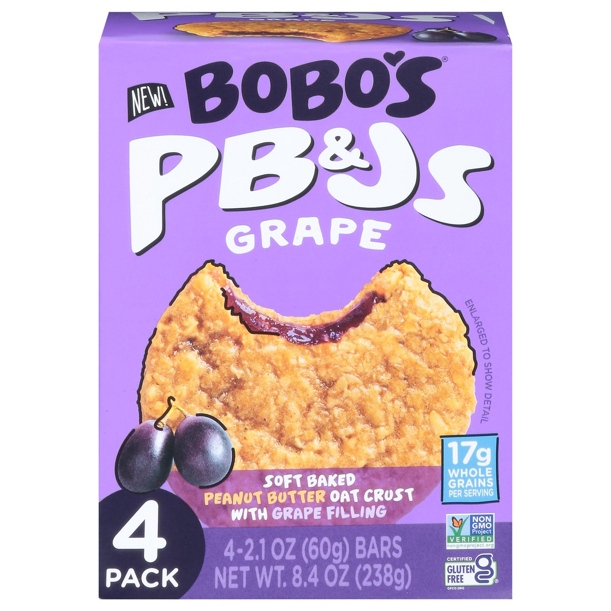 slide 1 of 9, Bobo's Grape PB&Js 4 - 2.1 oz Bars, 4 ct; 8.4 oz